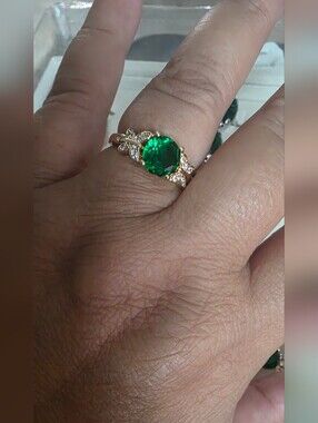 14k Gold Plated Emerald Ring With A Green Stone and Pavé Accents
